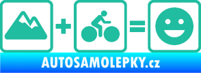 Samolepka Hory + kolo = veselý smajlík cyklista na horách tyrkysová