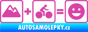 Samolepka Hory + kolo = veselý smajlík cyklista na horách růžová