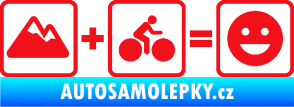 Samolepka Hory + kolo = veselý smajlík cyklista na horách červená